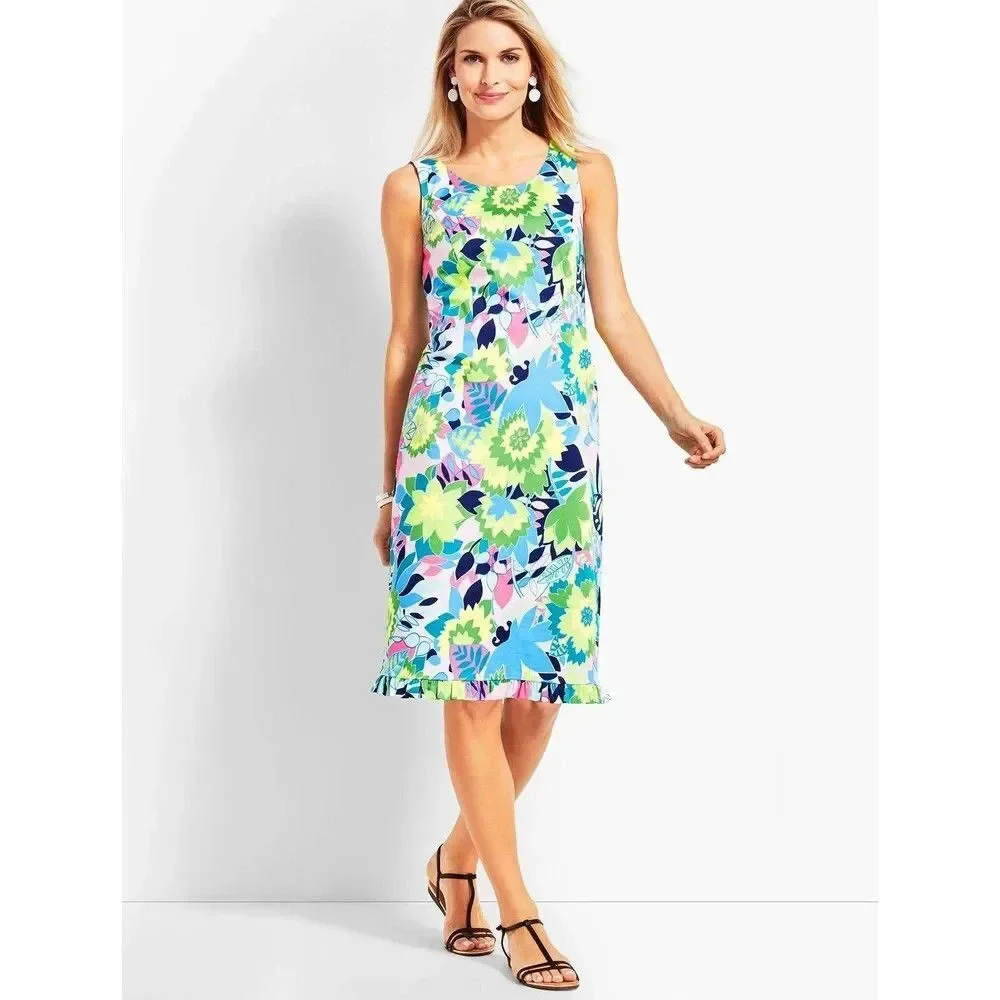 TALBOTS Island Bright Floral Ruffle-Hem Sleeveless Stretch Sheath Dress Sz 10
